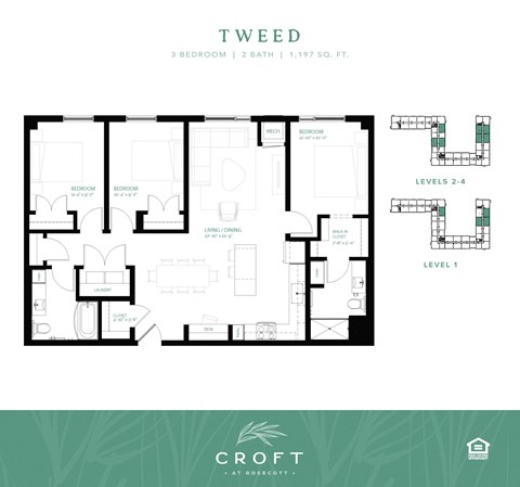 Floor plan for 3 beds, 2 baths, 1197 sqft